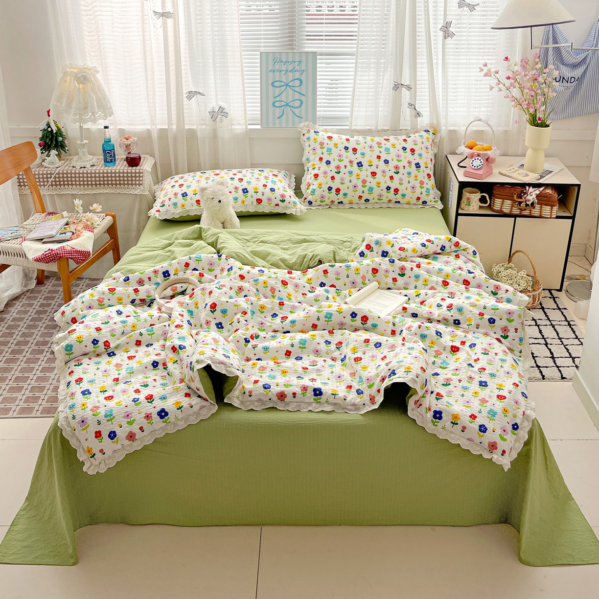 91家纺网 家纺一手货源 找家纺 优承佳生活馆 2026新款超柔高克重泡芙纱蝴蝶结全棉花边夏被套件单夏被 芬芳馥郁