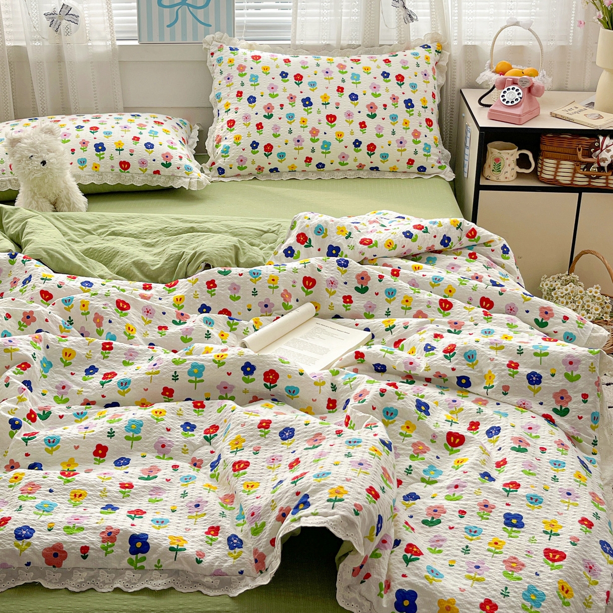 91家纺网 家纺一手货源 找家纺 优承佳生活馆 2026新款超柔高克重泡芙纱蝴蝶结全棉花边夏被套件单夏被 芬芳馥郁