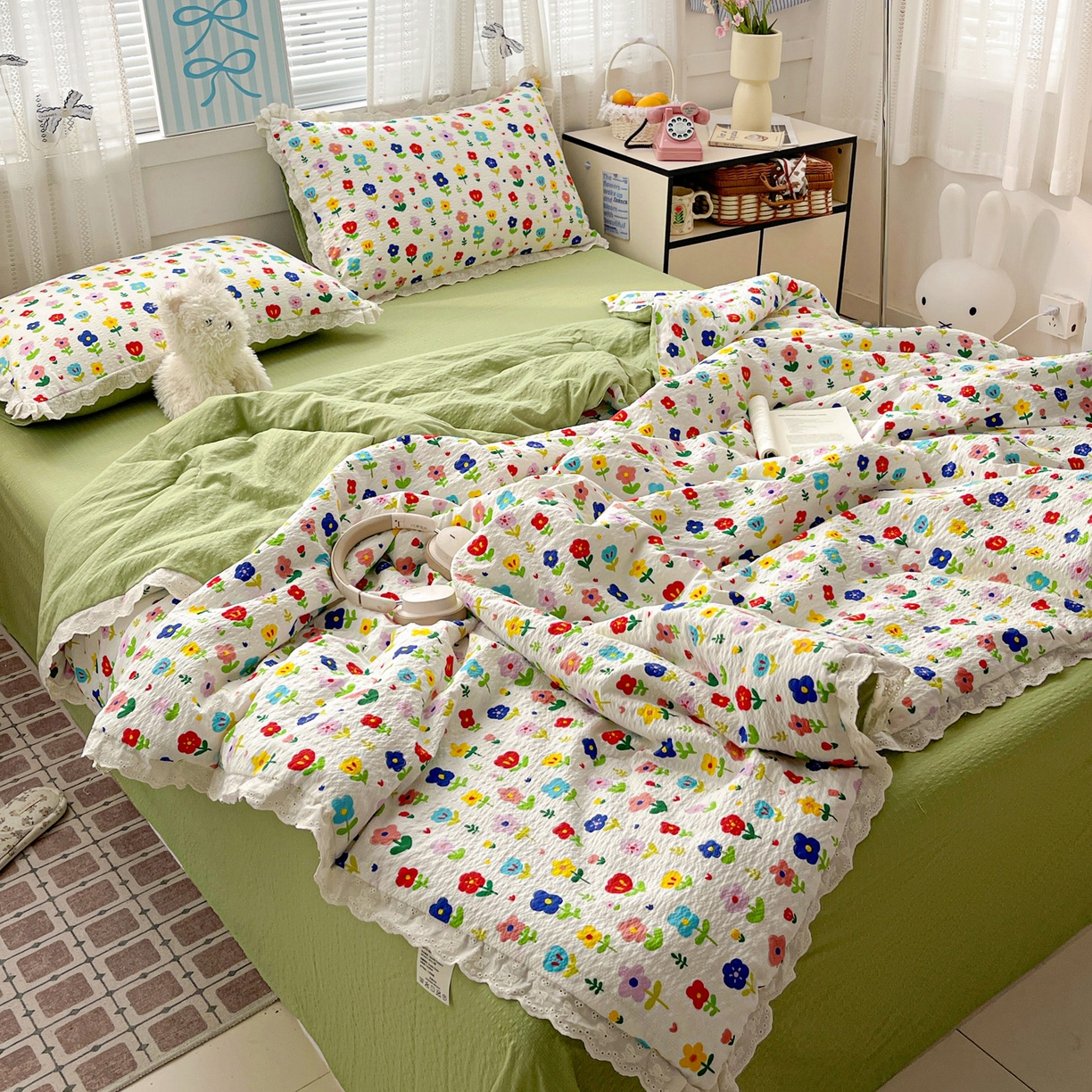 91家纺网 家纺一手货源 找家纺 优承佳生活馆 2026新款超柔高克重泡芙纱蝴蝶结全棉花边夏被套件单夏被 芬芳馥郁