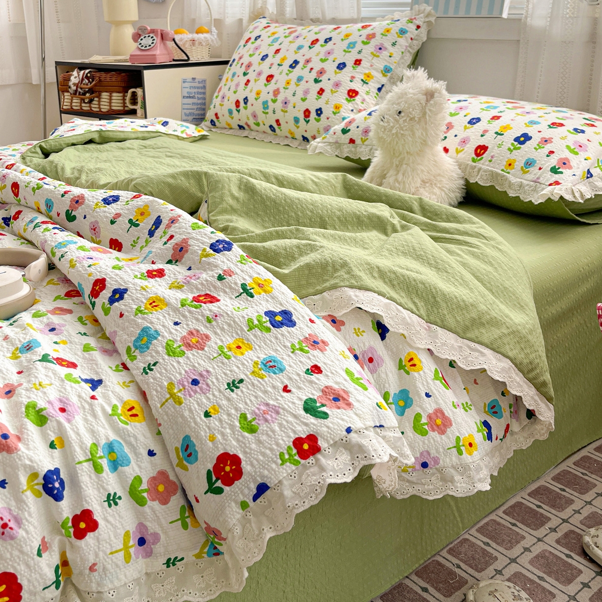 91家纺网 家纺一手货源 找家纺 优承佳生活馆 2026新款超柔高克重泡芙纱蝴蝶结全棉花边夏被套件单夏被 芬芳馥郁