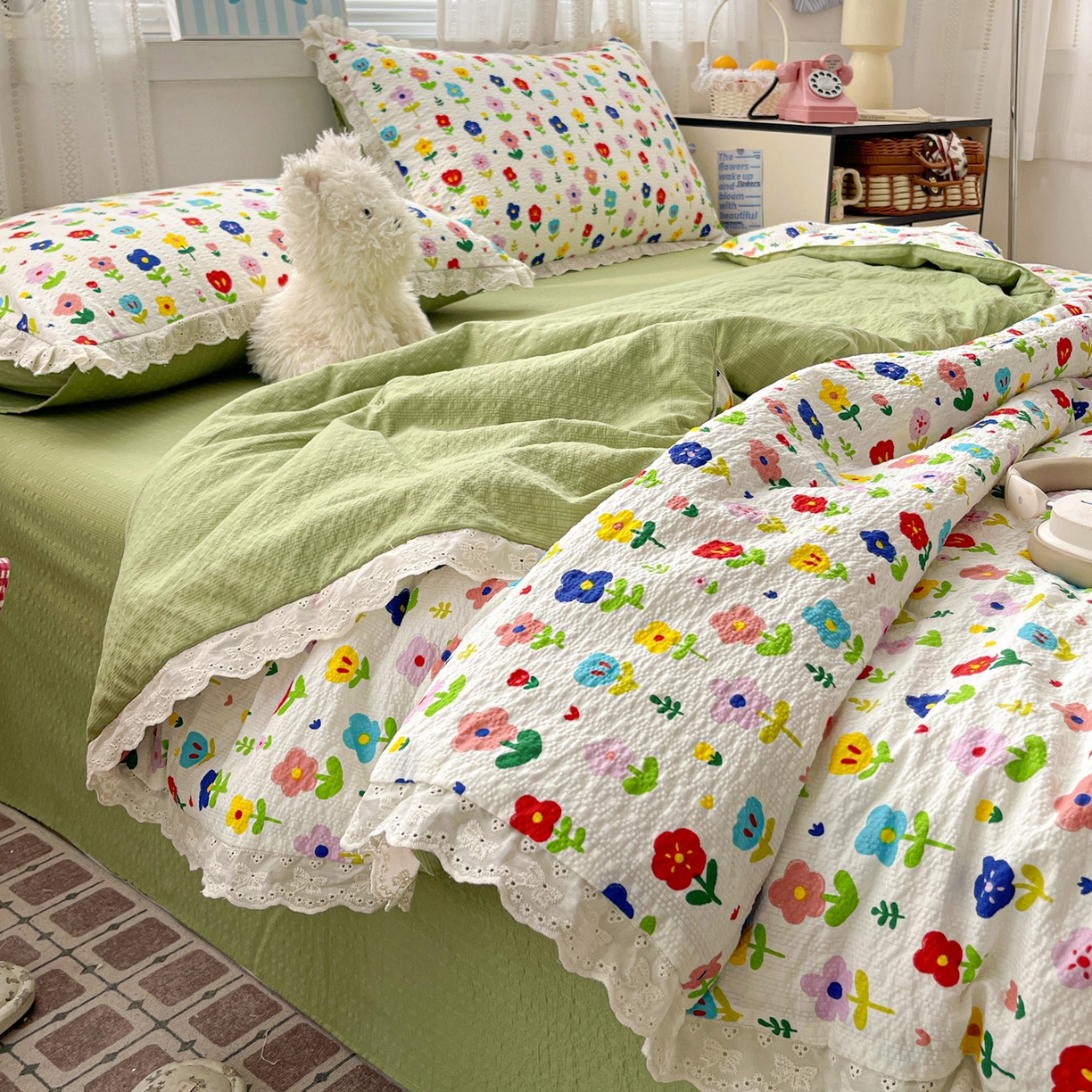 91家纺网 家纺一手货源 找家纺 优承佳生活馆 2026新款超柔高克重泡芙纱蝴蝶结全棉花边夏被套件单夏被 芬芳馥郁