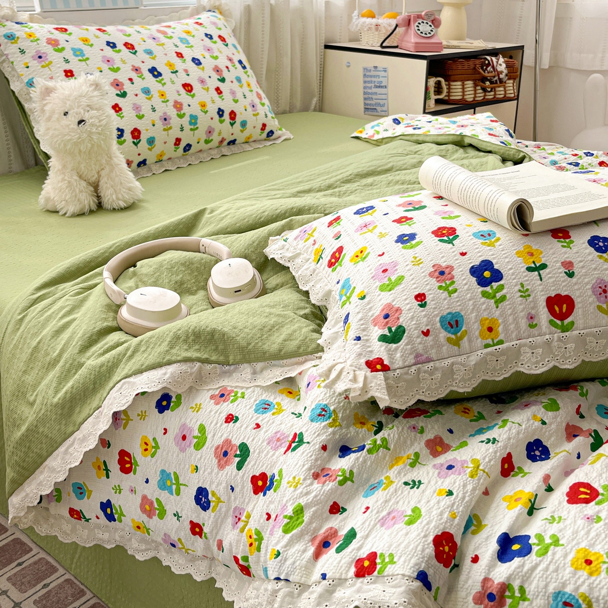 91家纺网 家纺一手货源 找家纺 优承佳生活馆 2026新款超柔高克重泡芙纱蝴蝶结全棉花边夏被套件单夏被 芬芳馥郁