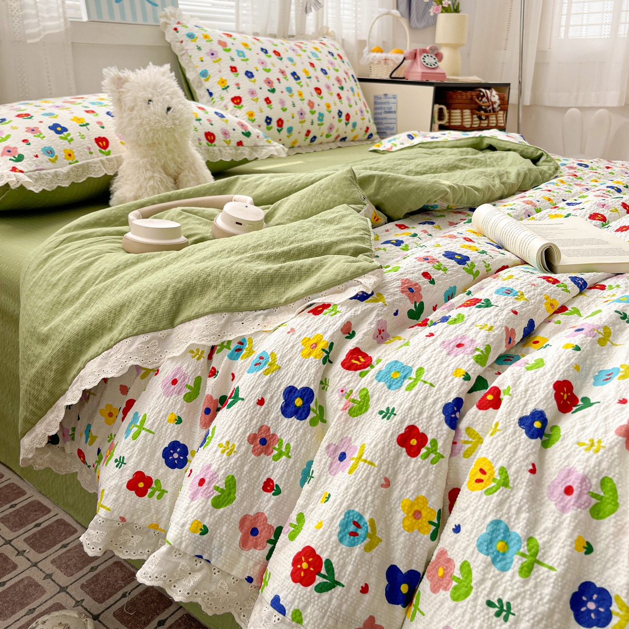 91家纺网 家纺一手货源 找家纺 优承佳生活馆 2026新款超柔高克重泡芙纱蝴蝶结全棉花边夏被套件单夏被 芬芳馥郁