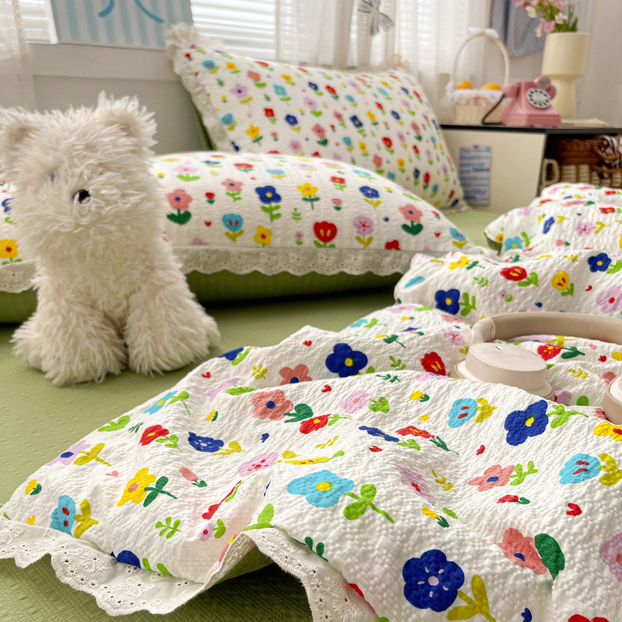 91家纺网 家纺一手货源 找家纺 优承佳生活馆 2026新款超柔高克重泡芙纱蝴蝶结全棉花边夏被套件单夏被 芬芳馥郁