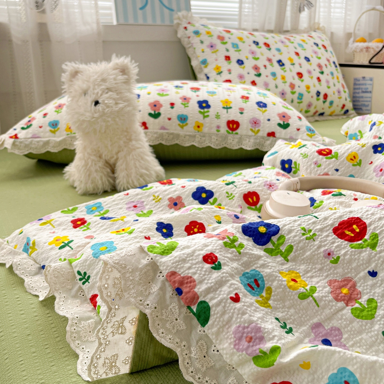 91家纺网 家纺一手货源 找家纺 优承佳生活馆 2026新款超柔高克重泡芙纱蝴蝶结全棉花边夏被套件单夏被 芬芳馥郁