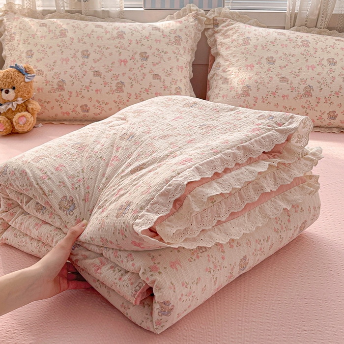 优承佳生活馆 2026新款超柔高克重泡芙纱蝴蝶结全棉花边夏被套件单夏被 花清梦