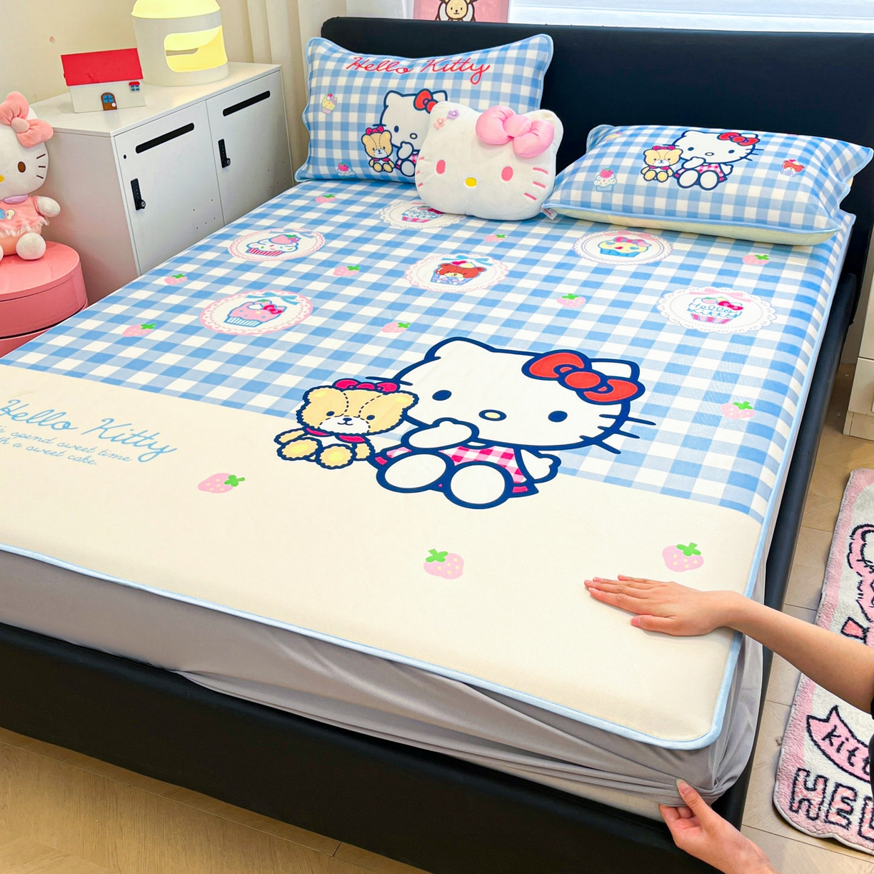 暮思家居 2026新款正版授权A类大版数码印花三丽鸥1200D冰丝凉席可组合仿锦氨夏被 床笠款-格子KT