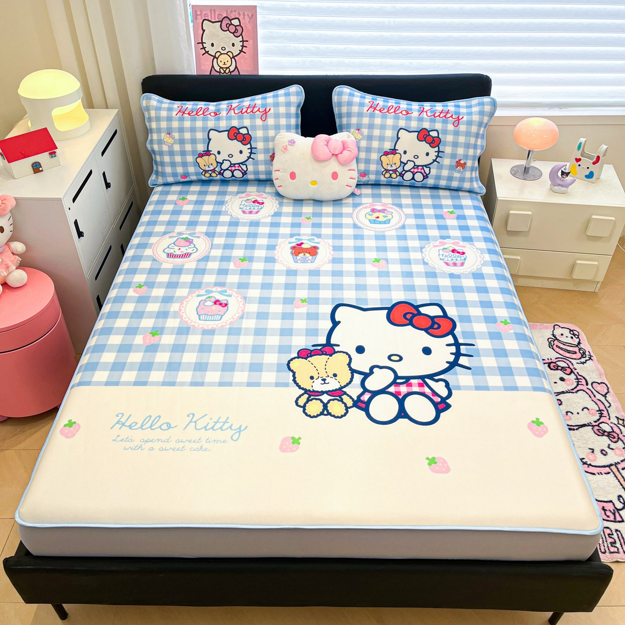 91家纺网 家纺一手货源 找家纺 暮思家居 2026新款正版授权A类大版数码印花三丽鸥1200D冰丝凉席可组合仿锦氨夏被 床笠款-格子KT