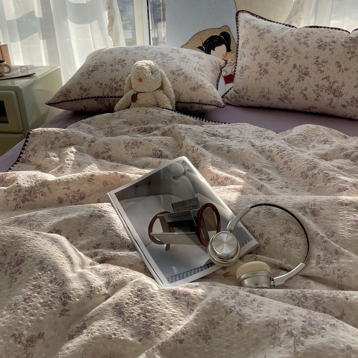 91家纺网 家纺一手货源 找家纺 贝扬思家纺 2026新款泡芙纱贝壳边夏被套件-欧包系列（今天也只做被快乐包裹的小朋友） 欧包-柔紫碎花屿