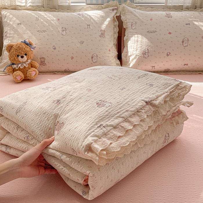 优承佳生活馆 2026新款超柔高克重泡芙纱蝴蝶结全棉花边夏被套件单夏被 花漾小窝