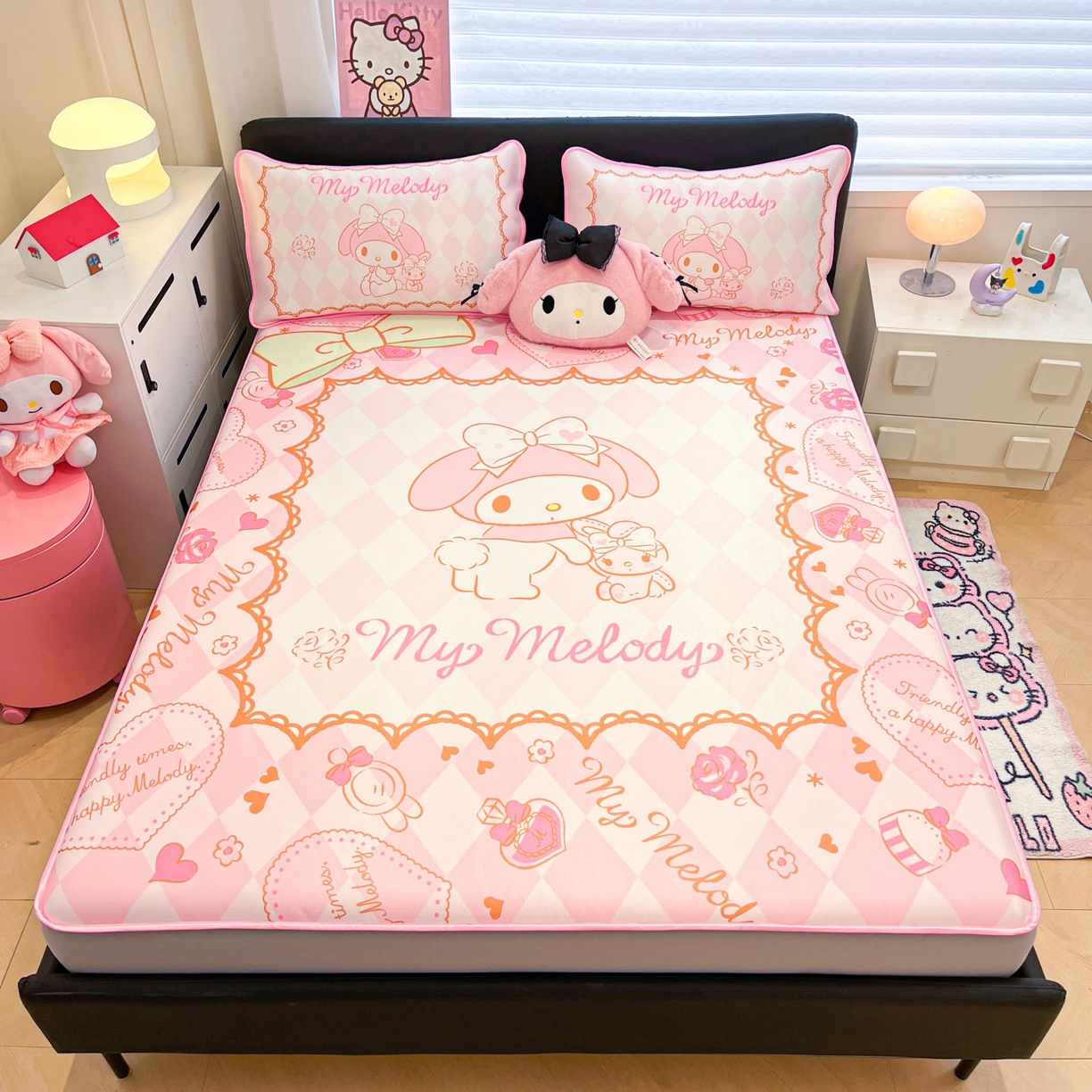 91家纺网 家纺一手货源 找家纺 暮思家居 2026新款正版授权A类大版数码印花三丽鸥1200D冰丝凉席可组合仿锦氨夏被 床笠款-公主美乐蒂