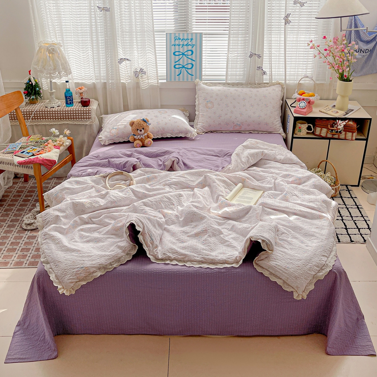 91家纺网 家纺一手货源 找家纺 优承佳生活馆 2026新款超柔高克重泡芙纱蝴蝶结全棉花边夏被套件单夏被 简夏