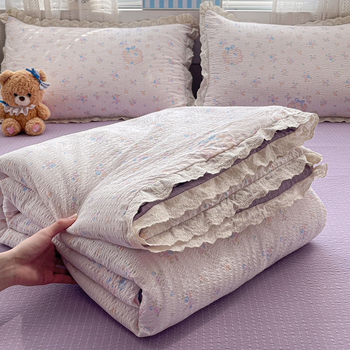 优承佳生活馆 2026新款超柔高克重泡芙纱蝴蝶结全棉花边夏被套件单夏被 简夏