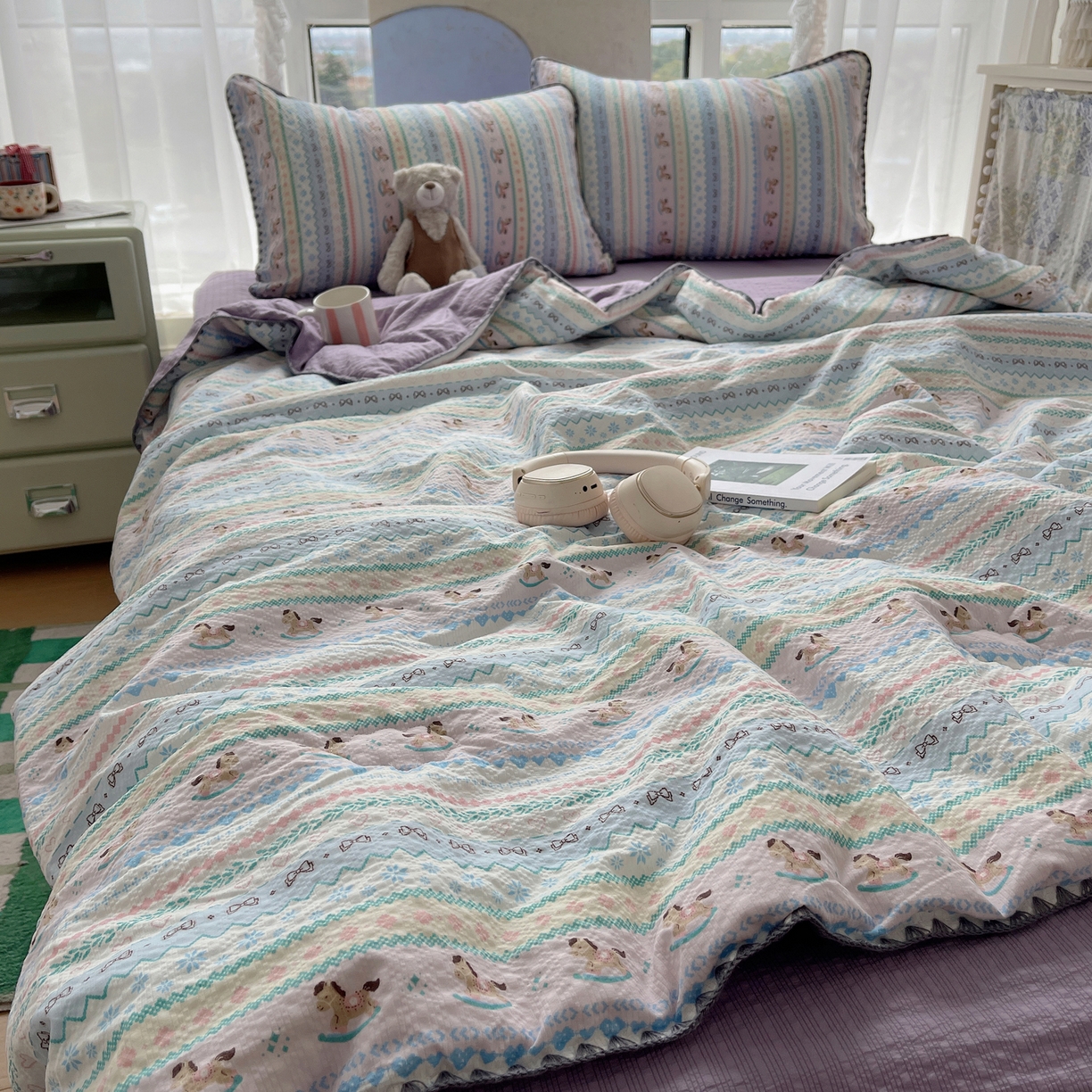 贝扬思家纺 2026新款泡芙纱贝壳边夏被套件-欧包系列（今天也只做被快乐包裹的小朋友） 欧包-甜心木马卷