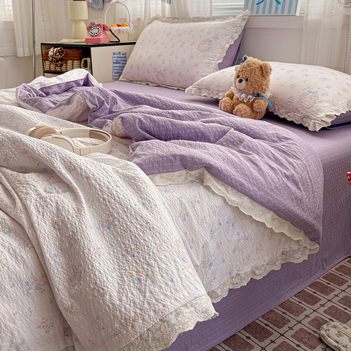 91家纺网 家纺一手货源 找家纺 优承佳生活馆 2026新款超柔高克重泡芙纱蝴蝶结全棉花边夏被套件单夏被 简夏