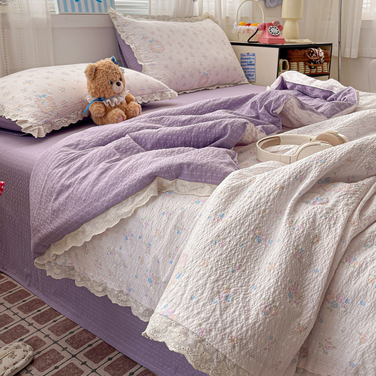 91家纺网 家纺一手货源 找家纺 优承佳生活馆 2026新款超柔高克重泡芙纱蝴蝶结全棉花边夏被套件单夏被 简夏