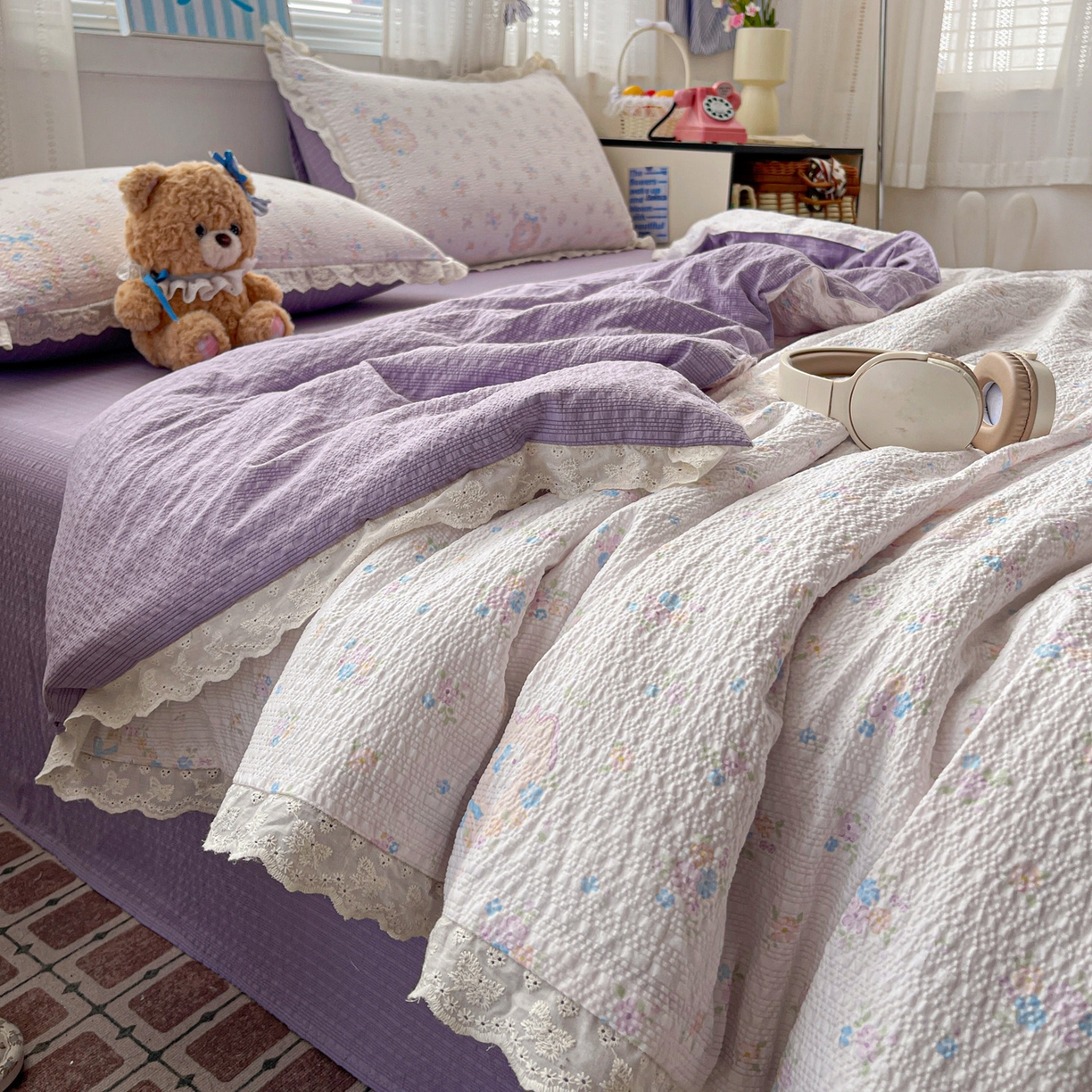 91家纺网 家纺一手货源 找家纺 优承佳生活馆 2026新款超柔高克重泡芙纱蝴蝶结全棉花边夏被套件单夏被 简夏