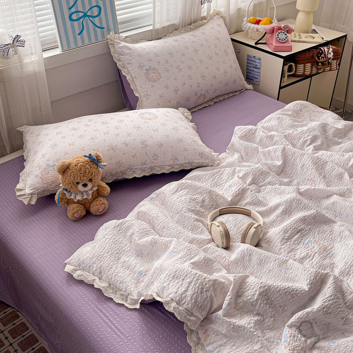 91家纺网 家纺一手货源 找家纺 优承佳生活馆 2026新款超柔高克重泡芙纱蝴蝶结全棉花边夏被套件单夏被 简夏