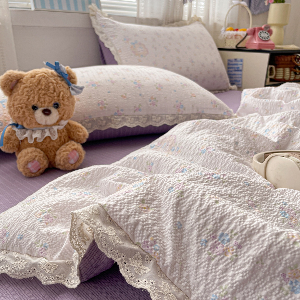 91家纺网 家纺一手货源 找家纺 优承佳生活馆 2026新款超柔高克重泡芙纱蝴蝶结全棉花边夏被套件单夏被 简夏