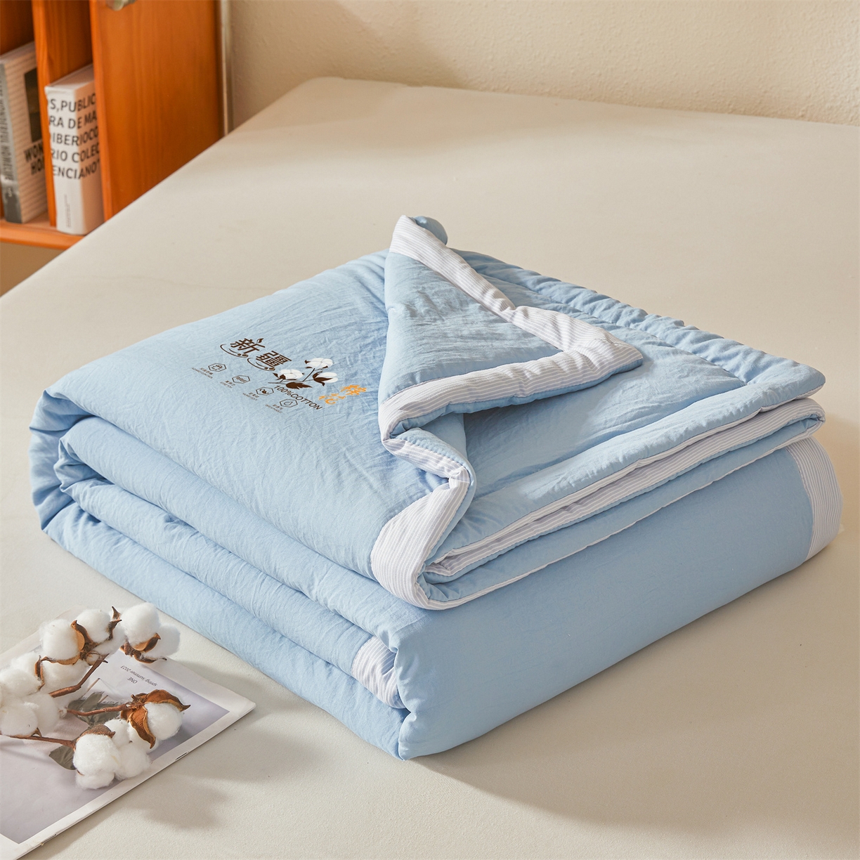 91家纺网 家纺一手货源 找家纺 易博家纺 2026新款100%新疆棉花被夏被无印夏凉被空调被薄被被芯被子可水洗可机洗 新疆棉花-天蓝