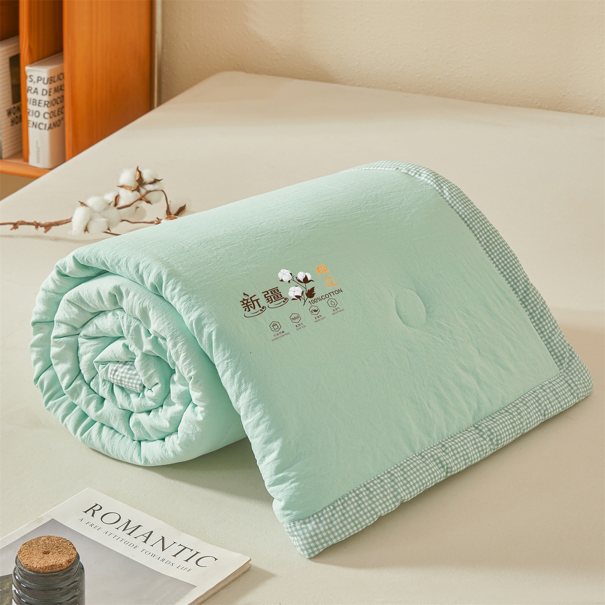 91家纺网 家纺一手货源 找家纺 易博家纺 2026新款100%新疆棉花被夏被无印夏凉被空调被薄被被芯被子可水洗可机洗 新疆棉花-果绿