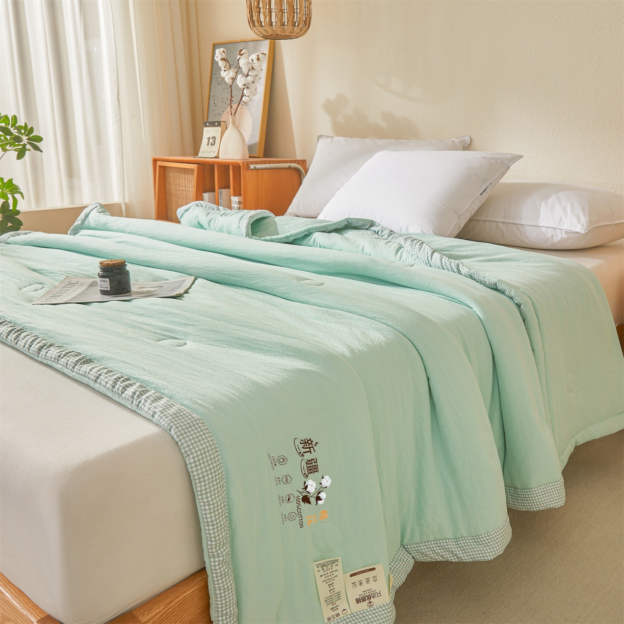 91家纺网 家纺一手货源 找家纺 易博家纺 2026新款100%新疆棉花被夏被无印夏凉被空调被薄被被芯被子可水洗可机洗 新疆棉花-果绿