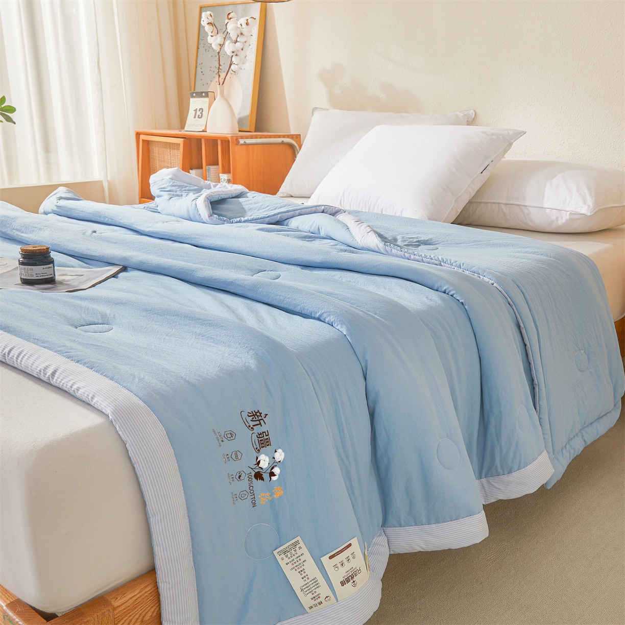 91家纺网 家纺一手货源 找家纺 易博家纺 2026新款100%新疆棉花被夏被无印夏凉被空调被薄被被芯被子可水洗可机洗 新疆棉花-天蓝