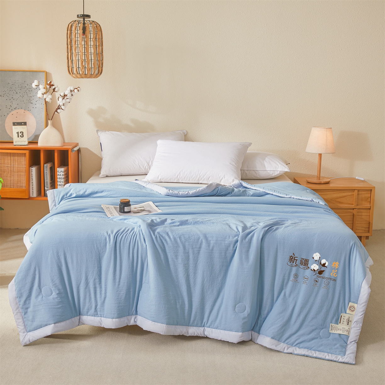 91家纺网 家纺一手货源 找家纺 易博家纺 2026新款100%新疆棉花被夏被无印夏凉被空调被薄被被芯被子可水洗可机洗 新疆棉花-天蓝