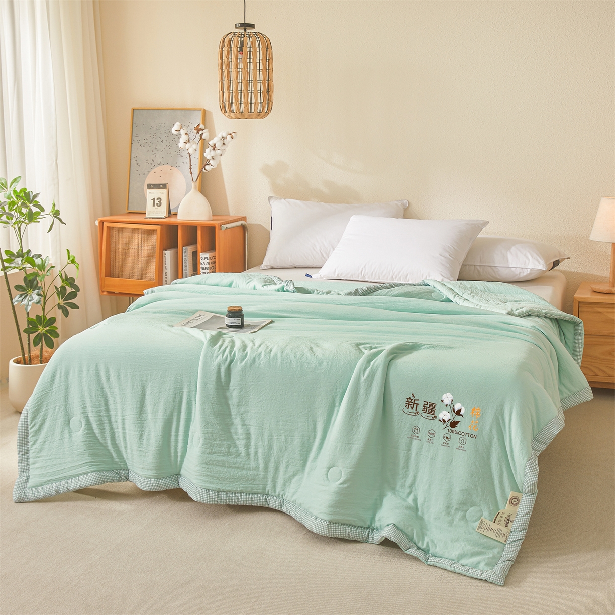 91家纺网 家纺一手货源 找家纺 易博家纺 2026新款100%新疆棉花被夏被无印夏凉被空调被薄被被芯被子可水洗可机洗 新疆棉花-果绿