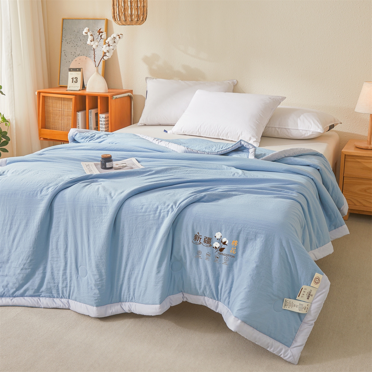 91家纺网 家纺一手货源 找家纺 易博家纺 2026新款100%新疆棉花被夏被无印夏凉被空调被薄被被芯被子可水洗可机洗 新疆棉花-天蓝