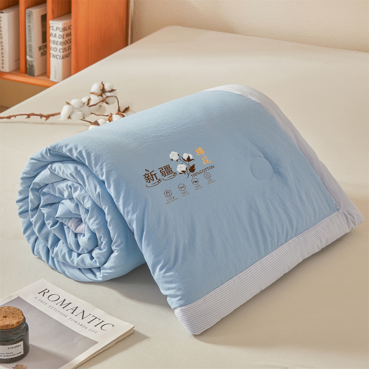 91家纺网 家纺一手货源 找家纺 易博家纺 2026新款100%新疆棉花被夏被无印夏凉被空调被薄被被芯被子可水洗可机洗 新疆棉花-天蓝