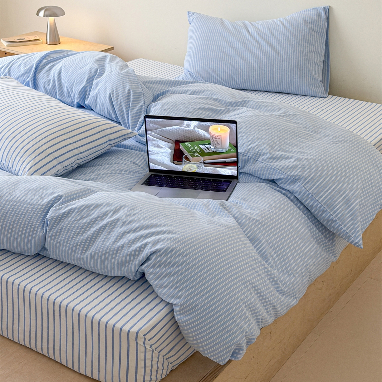 91家纺网 家纺一手货源 找家纺 （总）玖弘家居 2026新款亲肤水洗棉四件套-糖果条(枕套默认混搭)