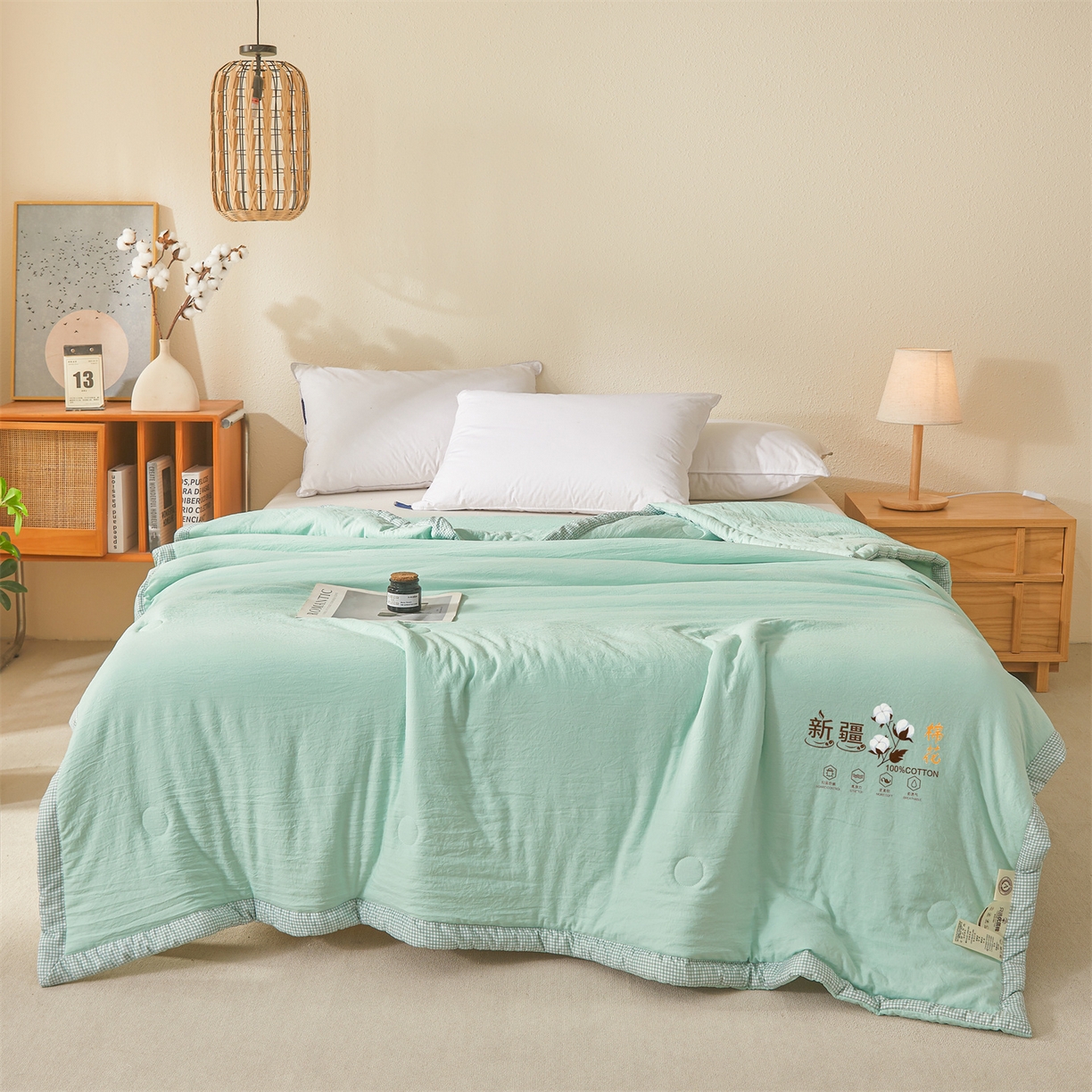 91家纺网 家纺一手货源 找家纺 易博家纺 2026新款100%新疆棉花被夏被无印夏凉被空调被薄被被芯被子可水洗可机洗 新疆棉花-果绿