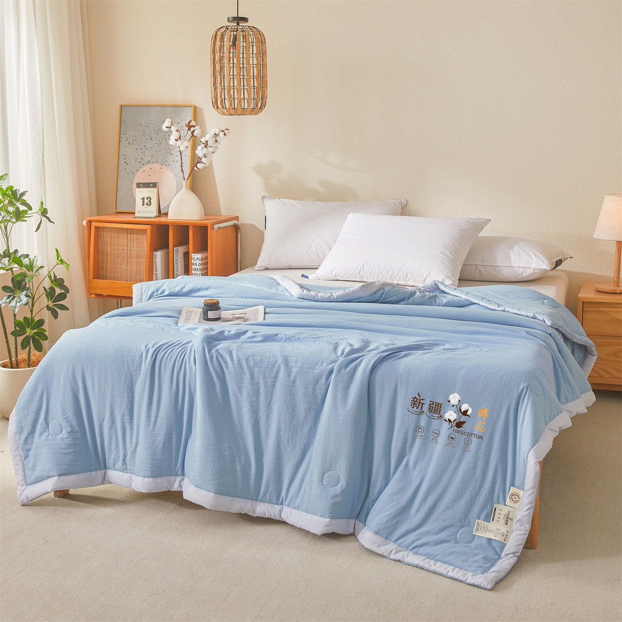91家纺网 家纺一手货源 找家纺 易博家纺 2026新款100%新疆棉花被夏被无印夏凉被空调被薄被被芯被子可水洗可机洗 新疆棉花-天蓝