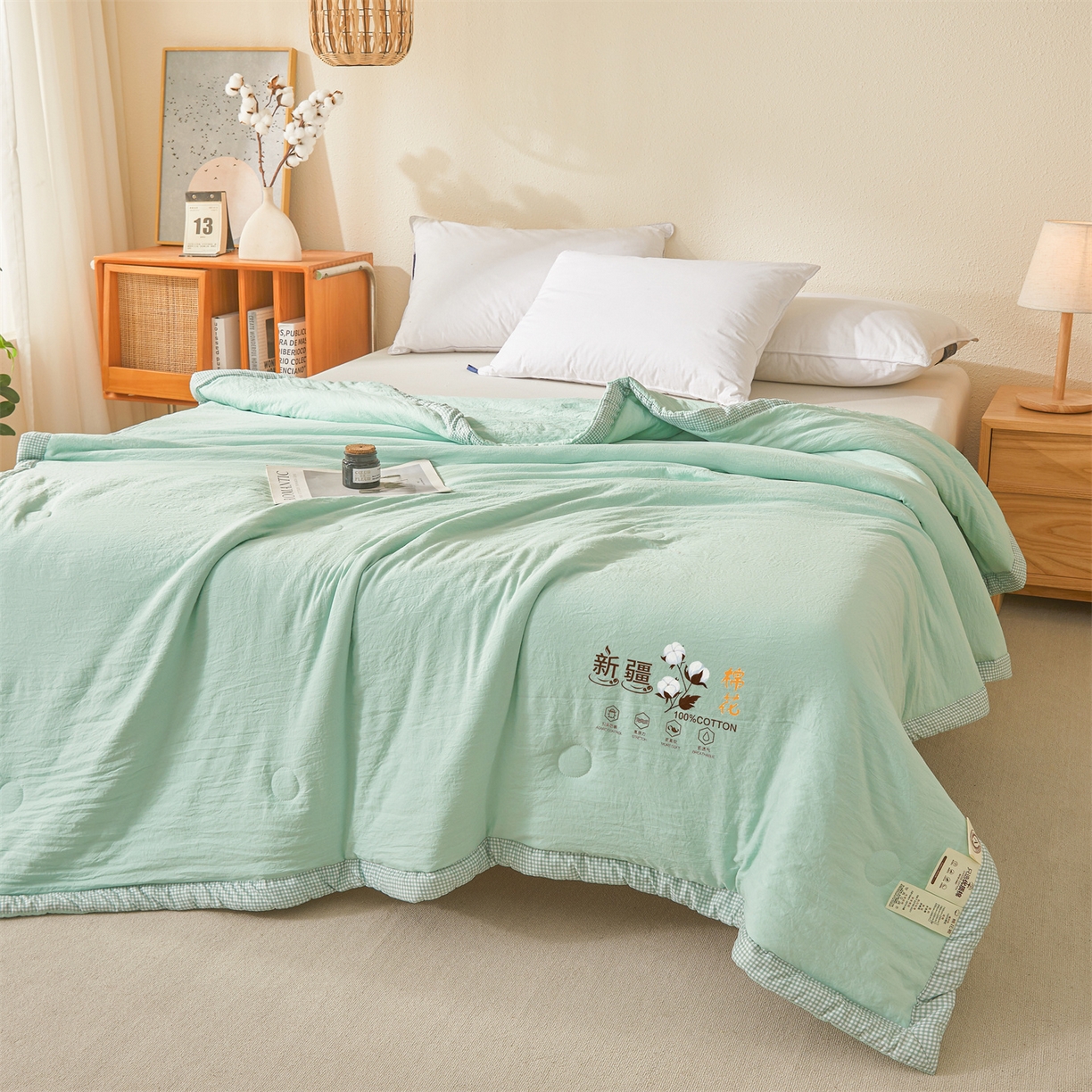 91家纺网 家纺一手货源 找家纺 易博家纺 2026新款100%新疆棉花被夏被无印夏凉被空调被薄被被芯被子可水洗可机洗 新疆棉花-果绿