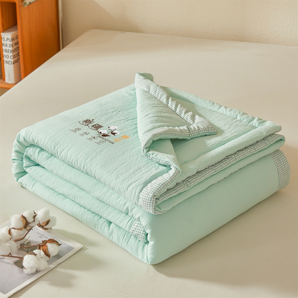 91家纺网 家纺一手货源 找家纺 易博家纺 2026新款100%新疆棉花被夏被无印夏凉被空调被薄被被芯被子可水洗可机洗 新疆棉花-果绿