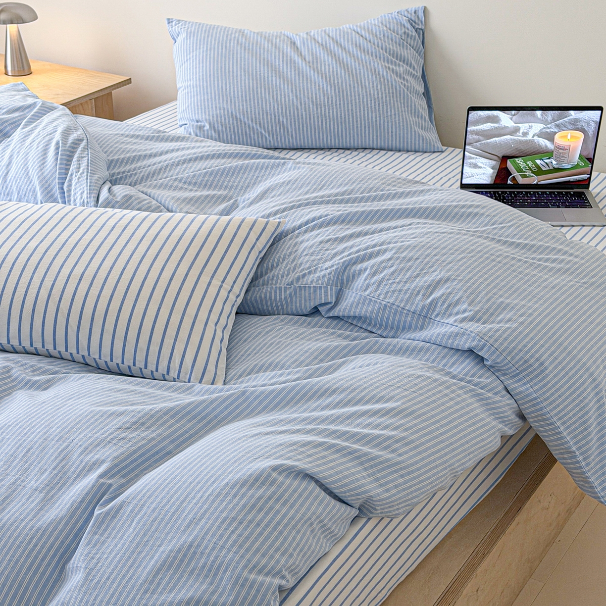 91家纺网 家纺一手货源 找家纺 （总）玖弘家居 2026新款亲肤水洗棉四件套-糖果条(枕套默认混搭)