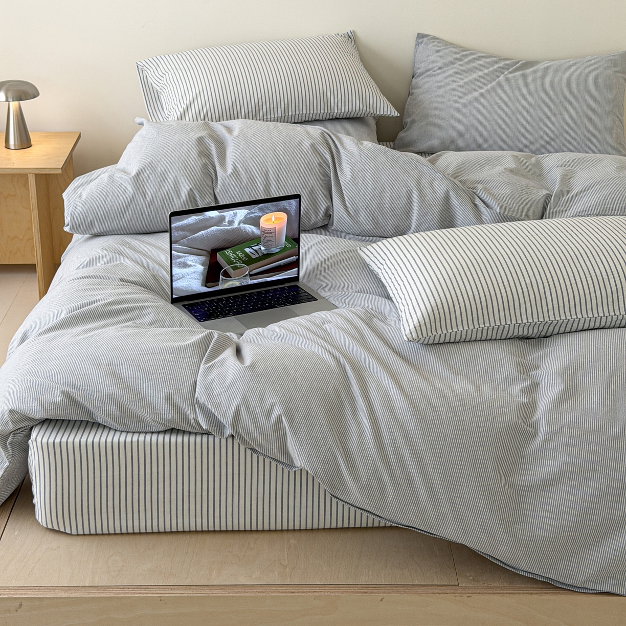 玖弘家居 2026新款亲肤水洗棉四件套-糖果条(枕套默认混搭) 兰密条混搭