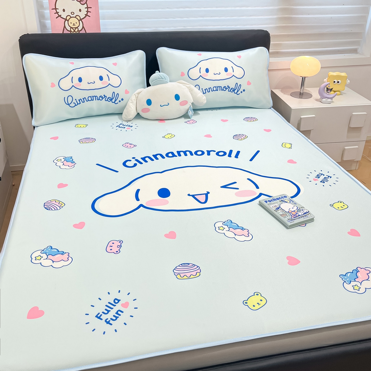 91家纺网 家纺一手货源 找家纺 暮思家居 2026新款正版授权A类大版数码印花三丽鸥1200D冰丝凉席可组合仿锦氨夏被 床笠款-开心玉桂狗