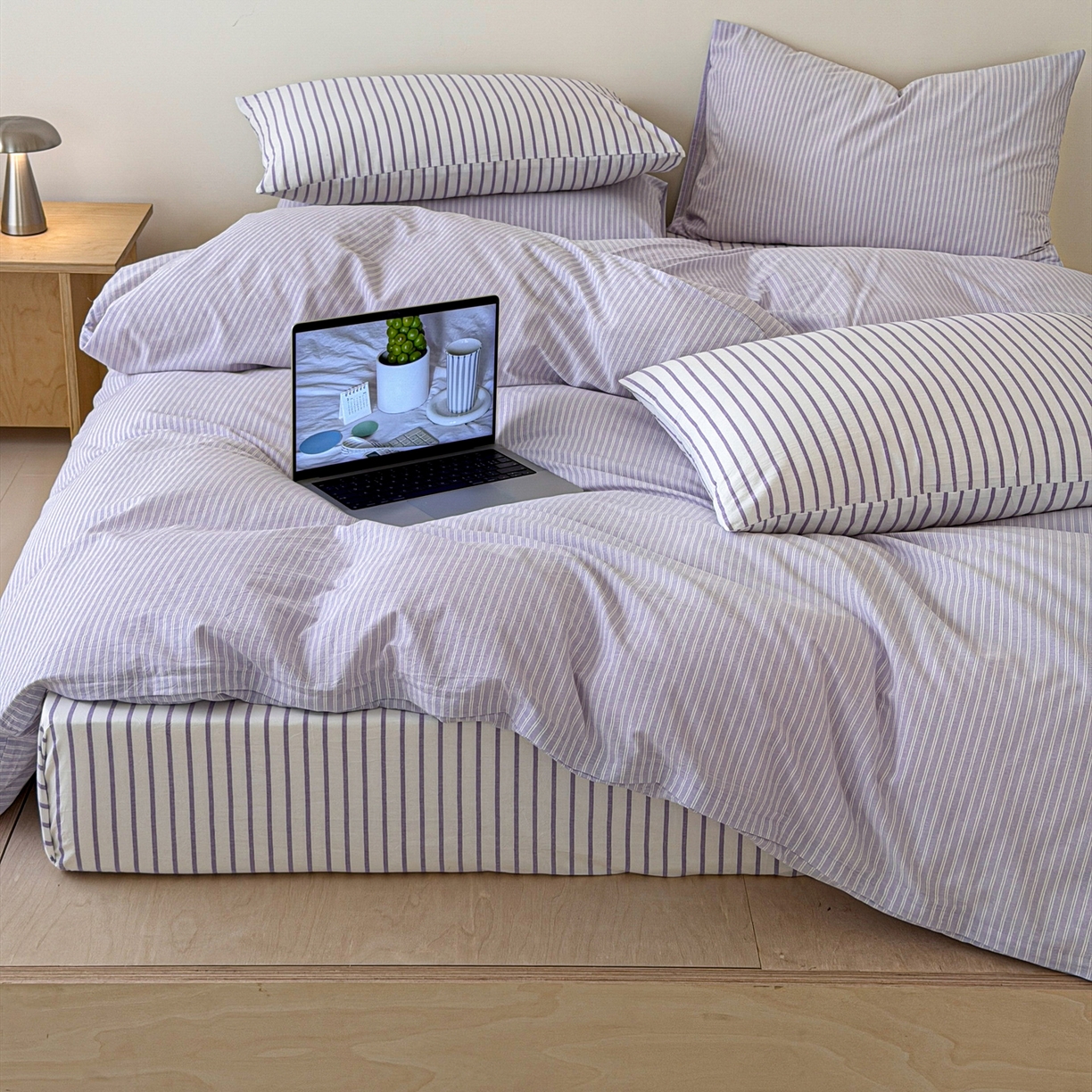 玖弘家居 2026新款亲肤水洗棉四件套-糖果条(枕套默认混搭) 柔光紫条混搭