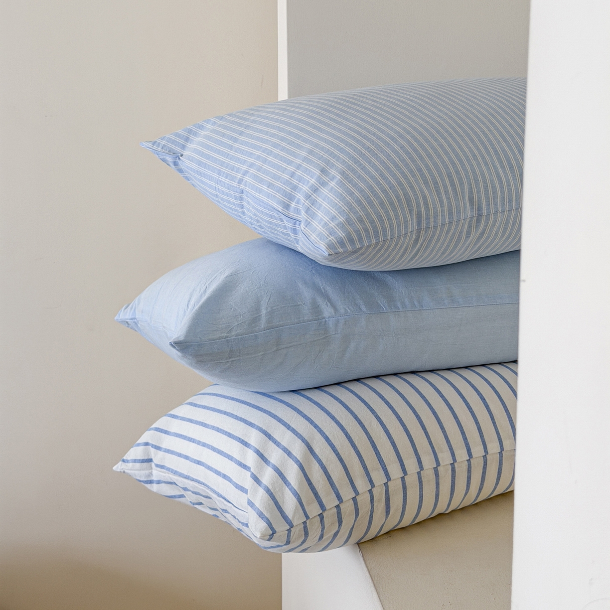 91家纺网 家纺一手货源 找家纺 玖弘家居 2026新款亲肤水洗棉四件套-糖果条(枕套默认混搭) 清新蓝条混搭