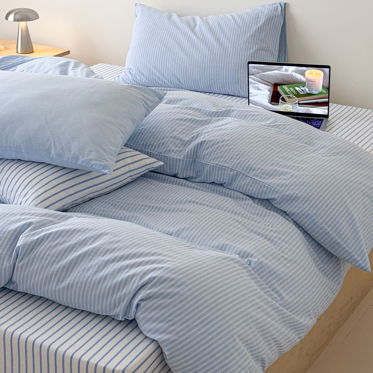 91家纺网 家纺一手货源 找家纺 玖弘家居 2026新款亲肤水洗棉四件套-糖果条(枕套默认混搭) 清新蓝条混搭