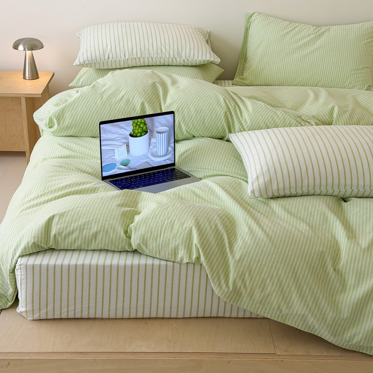 玖弘家居 2026新款亲肤水洗棉四件套-糖果条(枕套默认混搭) 苹果绿条混搭