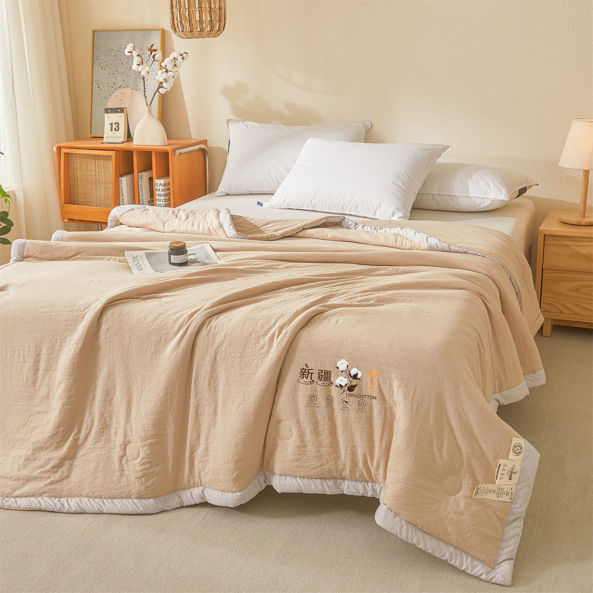 91家纺网 家纺一手货源 找家纺 易博家纺 2026新款100%新疆棉花被夏被无印夏凉被空调被薄被被芯被子可水洗可机洗 新疆棉花-浅咖