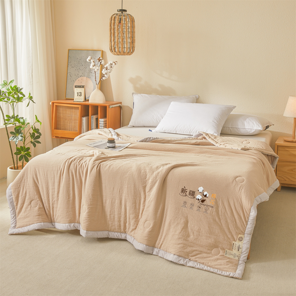 91家纺网 家纺一手货源 找家纺 易博家纺 2026新款100%新疆棉花被夏被无印夏凉被空调被薄被被芯被子可水洗可机洗 新疆棉花-浅咖