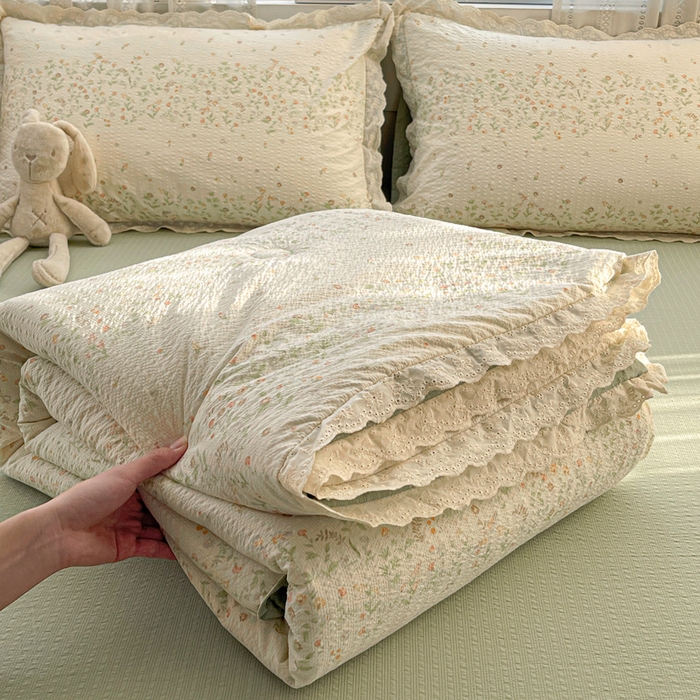 优承佳生活馆 2026新款超柔高克重泡芙纱蝴蝶结全棉花边夏被套件单夏被 满满