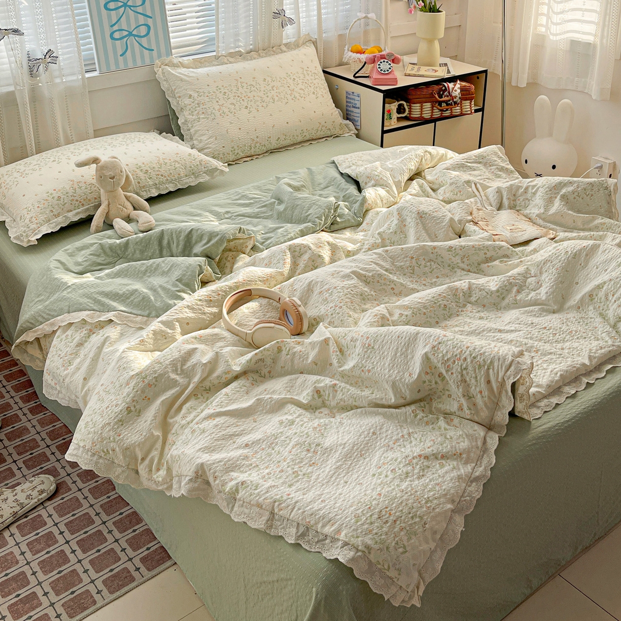 91家纺网 家纺一手货源 找家纺 优承佳生活馆 2026新款超柔高克重泡芙纱蝴蝶结全棉花边夏被套件单夏被 满满