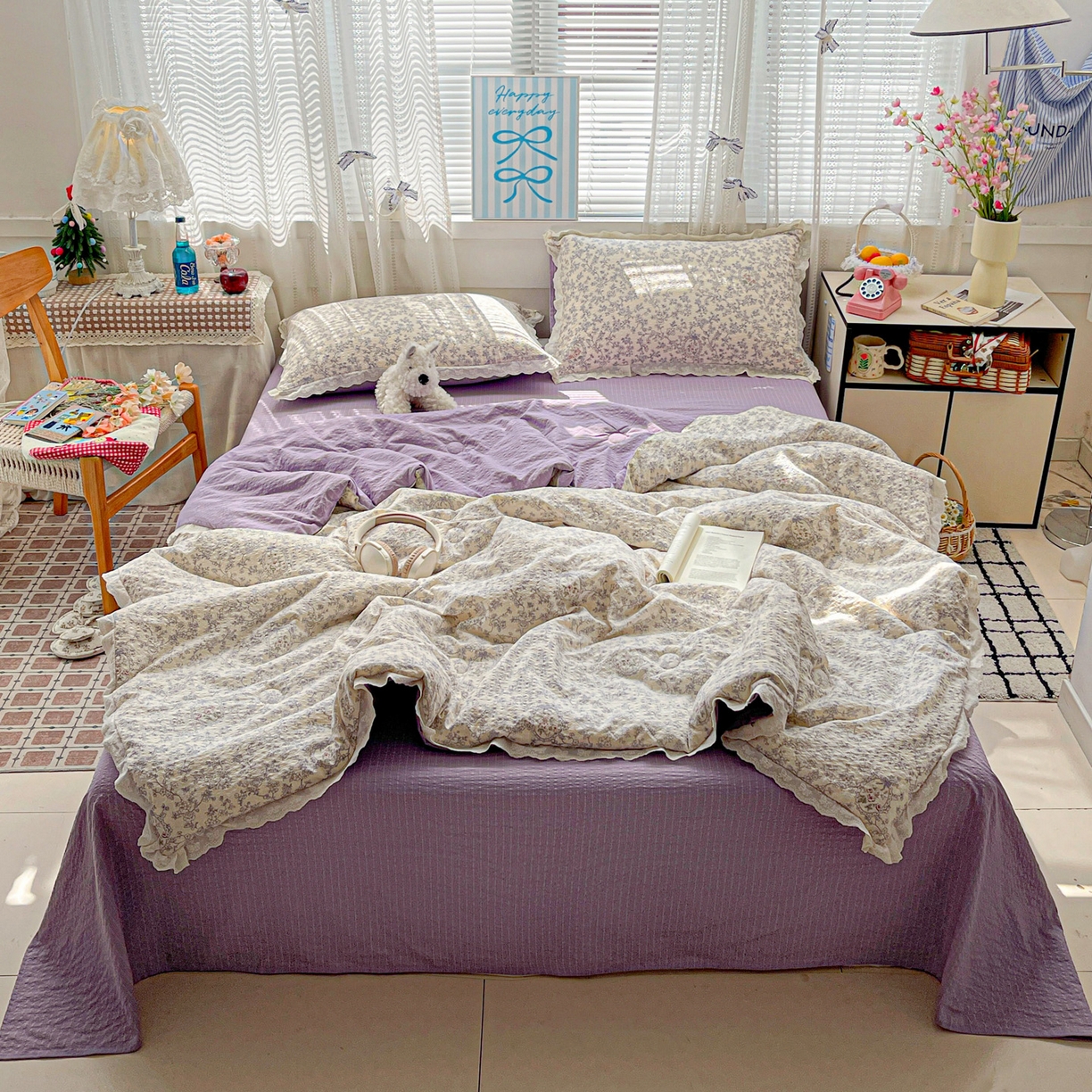 91家纺网 家纺一手货源 找家纺 优承佳生活馆 2026新款超柔高克重泡芙纱蝴蝶结全棉花边夏被套件单夏被 曼塔庄园