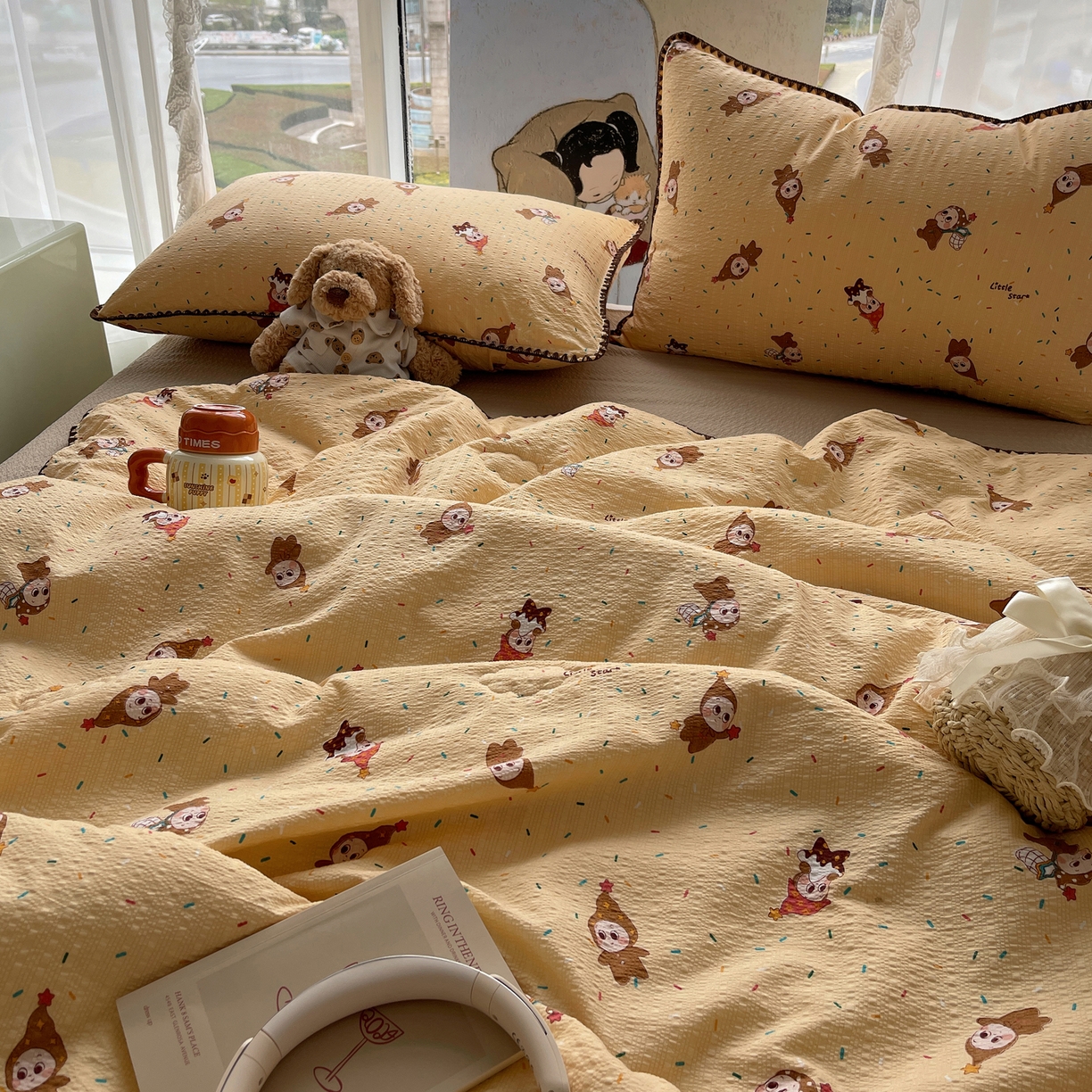 91家纺网 家纺一手货源 找家纺 贝扬思家纺 2026新款泡芙纱贝壳边夏被套件-欧包系列（今天也只做被快乐包裹的小朋友） 欧包-星星糖豆