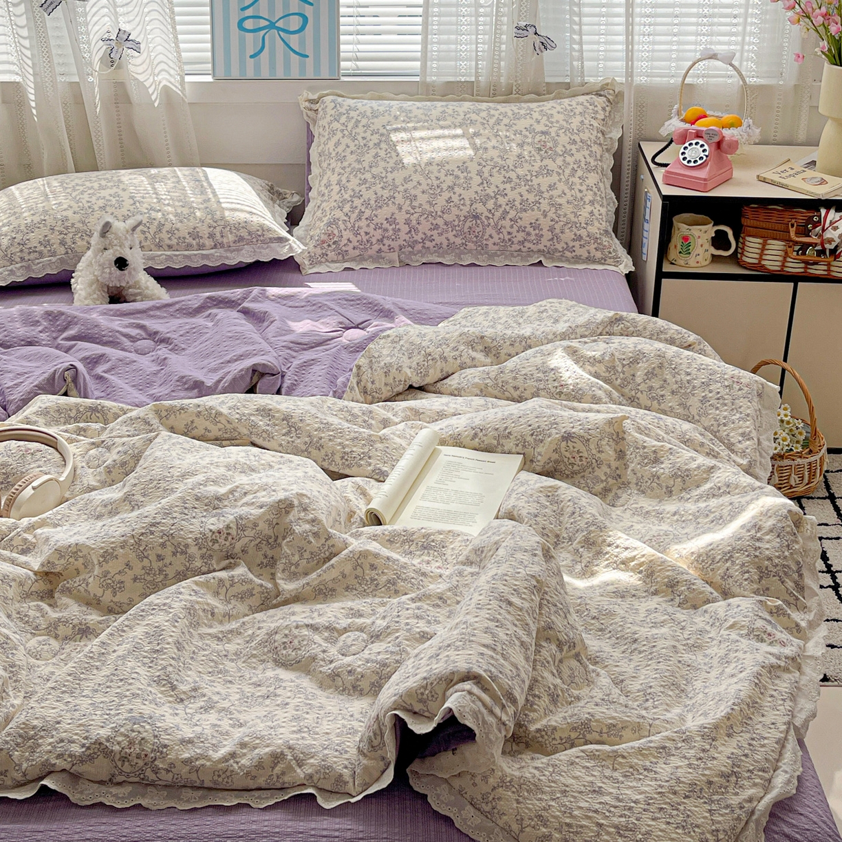 91家纺网 家纺一手货源 找家纺 优承佳生活馆 2026新款超柔高克重泡芙纱蝴蝶结全棉花边夏被套件单夏被 曼塔庄园